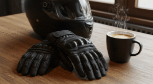 Close-up of a rider's gloved hand gripping the handlebar of a matte-black motorcycle at sunset, glove showing carbon knuckle armor.