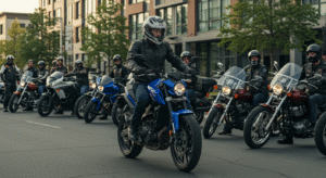 A lone beginner rider on a 250cc bike wearing full safety gear, with an urban club of larger bikes in the background watching curiously.