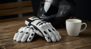 Close-up of a rider's gloved hand gripping the handlebar of a matte-black motorcycle at sunset, glove showing carbon knuckle armor.