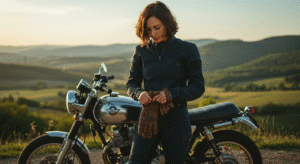 A motorcyclist parked at a scenic overlook, wearing a full riding suit, holding a pair of well-worn but intact protective gloves in focus.