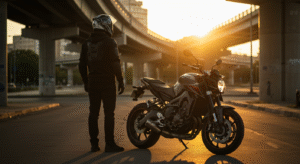 Urban motorcycle rider in a Kevlar-reinforced black hoodie and jeans, parked under a city overpass at golden hour, with a modern sport bike.